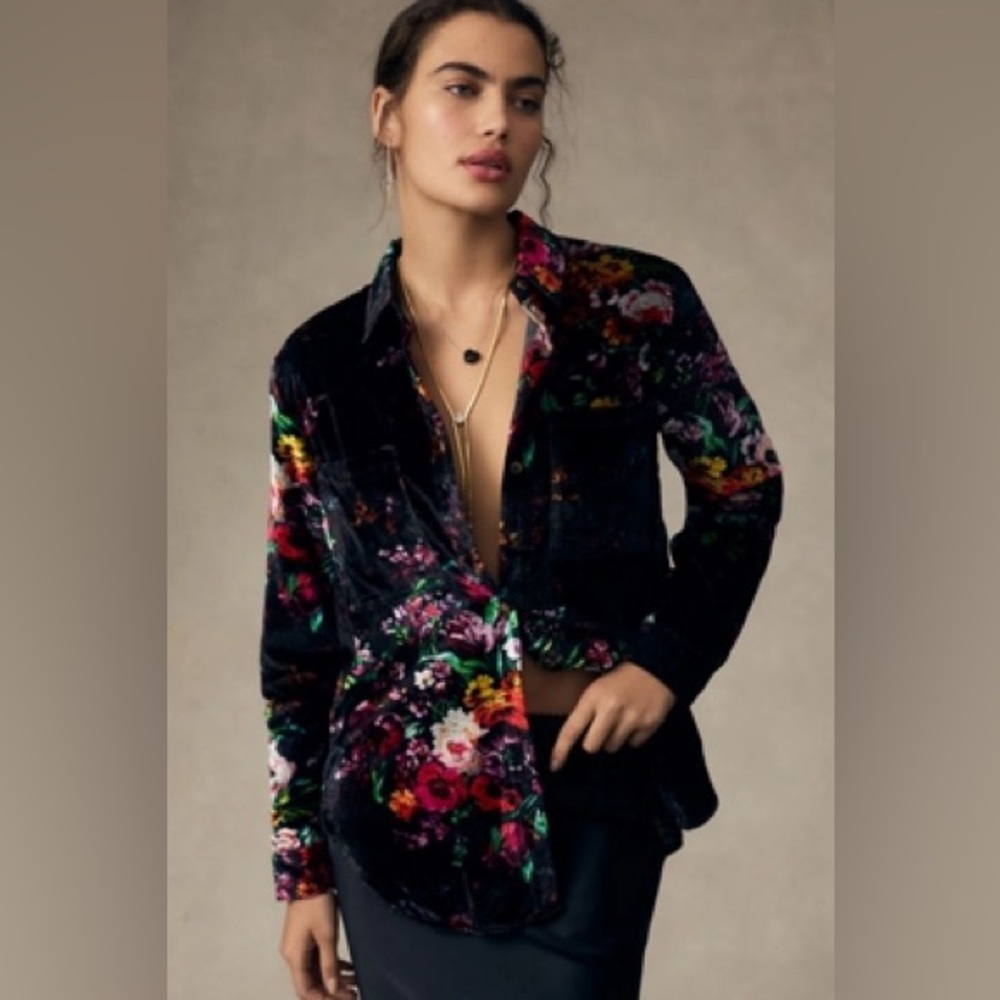 Anthropologie Pilcro Velvet Buttondown Shirt in Black Floral Motif